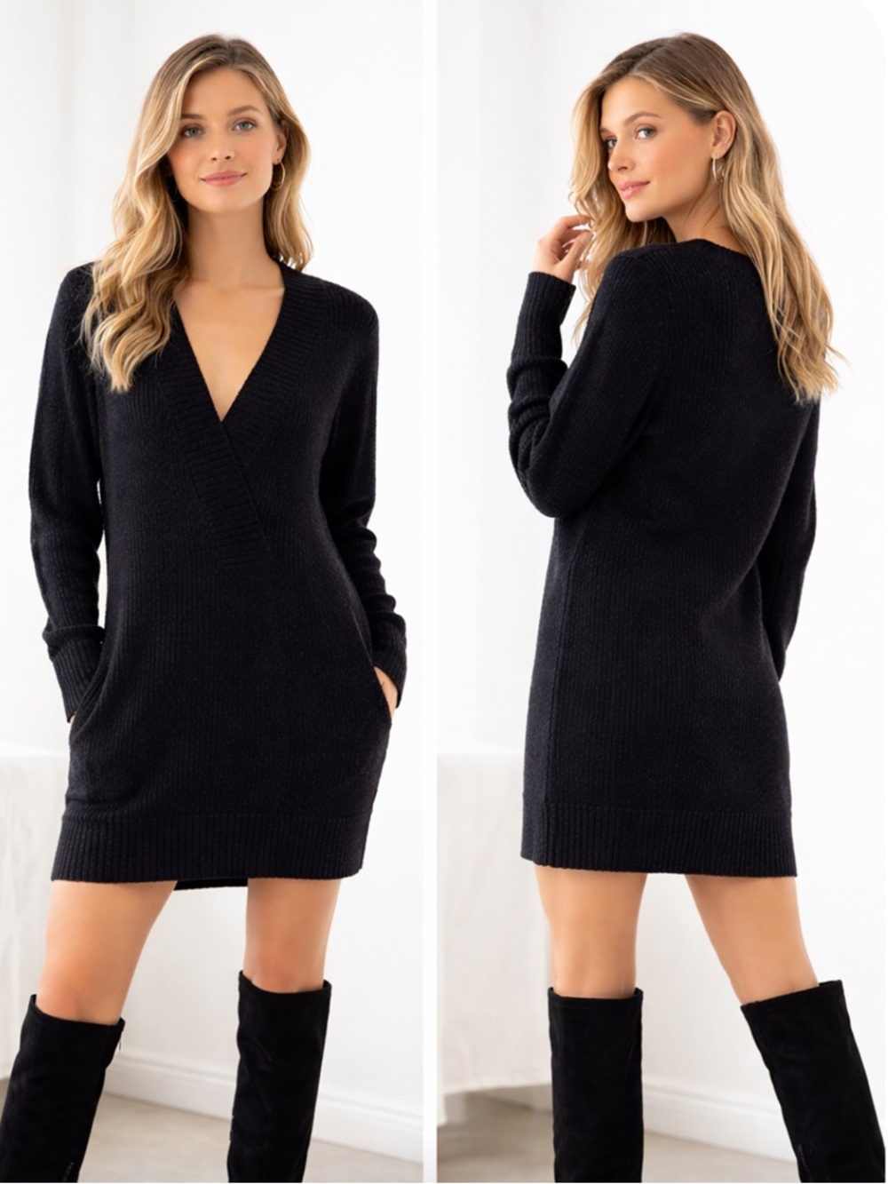 Vince Cashmere Alpaca Wool Ribbed V-Neck Sweater Dress Black Luxury Knit Cozy